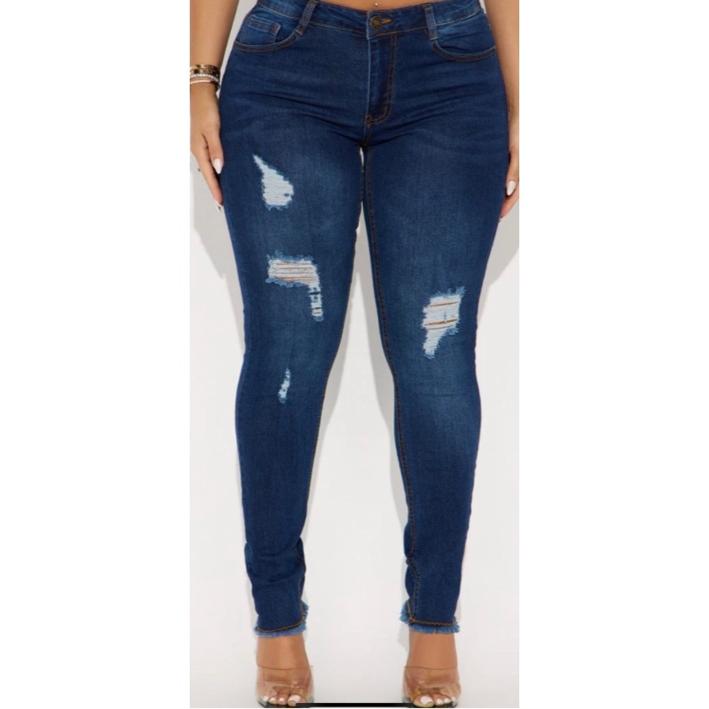 Fashion Nova Dark Blue Distressed Skinny Jeans